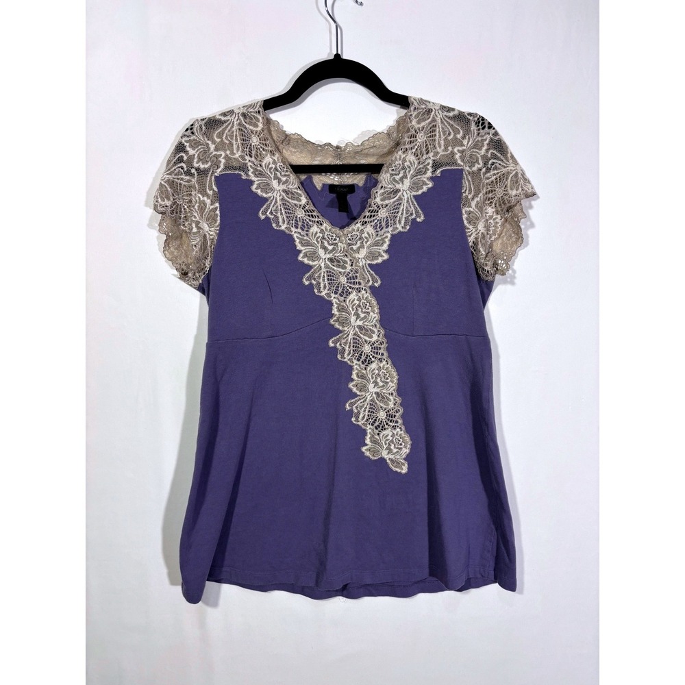 Whimsygoth Boho Romantic Soma Lace Trim V-Neck Cap Sleeve Top Womens Medium